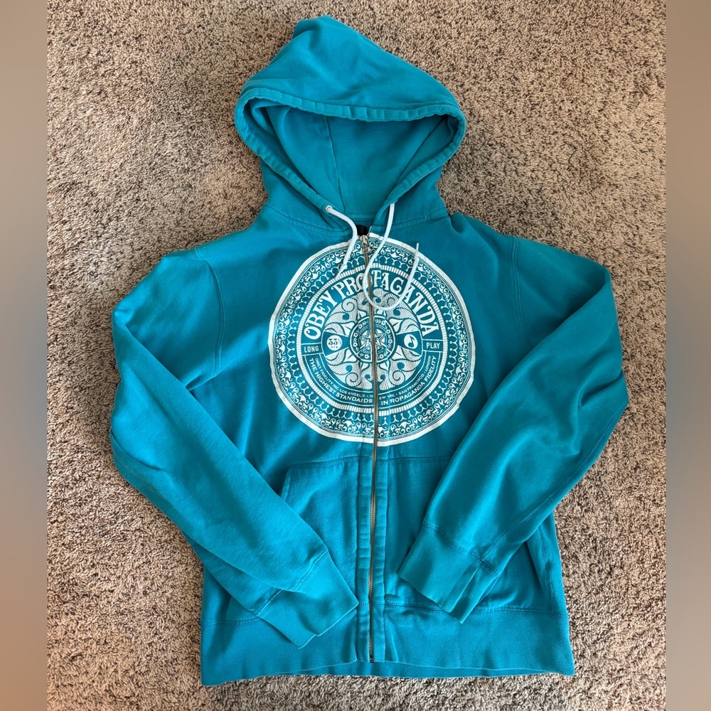 Pre-Owned Obey Teal Zip Up Hoodie size MEDIUM